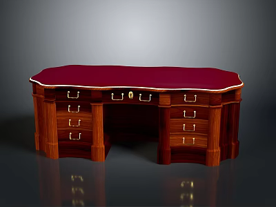 Classic Wooden Desk With Red Top And Multiple Drawers Featuring Metal Handles 3d model