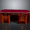 Classic Wooden Desk With Red Top And Multiple Drawers Featuring Metal Handles