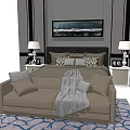 Comfortable Background Double Bed with Gray Wall Long Painting Bedside Tables and Sofa 3d model