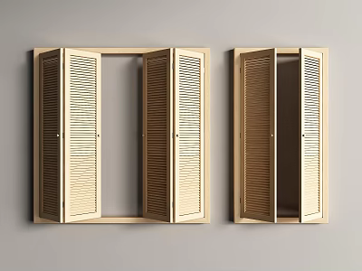 Wooden Double Panel Interior Shutters Open Design Mounted On Wall 3d model