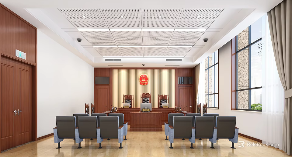 Courtroom Interior Design With Red National Emblem Judge Bench Audience Chairs Wooden Flooring And Windows 3d model 