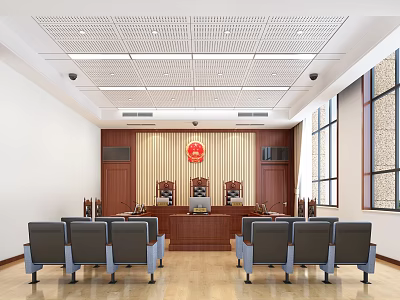 Courtroom Interior Design With Red National Emblem Judge Bench Audience Chairs Wooden Flooring And Windows 3d model