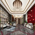 Elegant Hotel Lobby Interior With Crystal Chandelier Red Decorative Wall And Comfortable Sofas 3d model