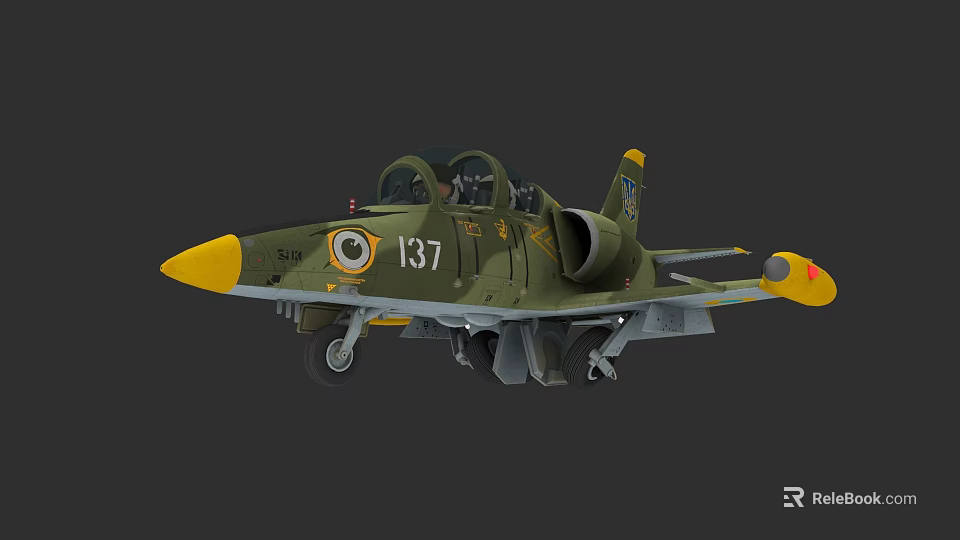 Green Military Fighter Jet With Yellow Nose Two Seat Landing Gear Down Number 137 3d model 