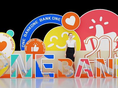 Vibrant ONE BANK ONE Photo Check-in Spot with Colorful Letters Smiley Heart and Thumbs-up Icons 3d model