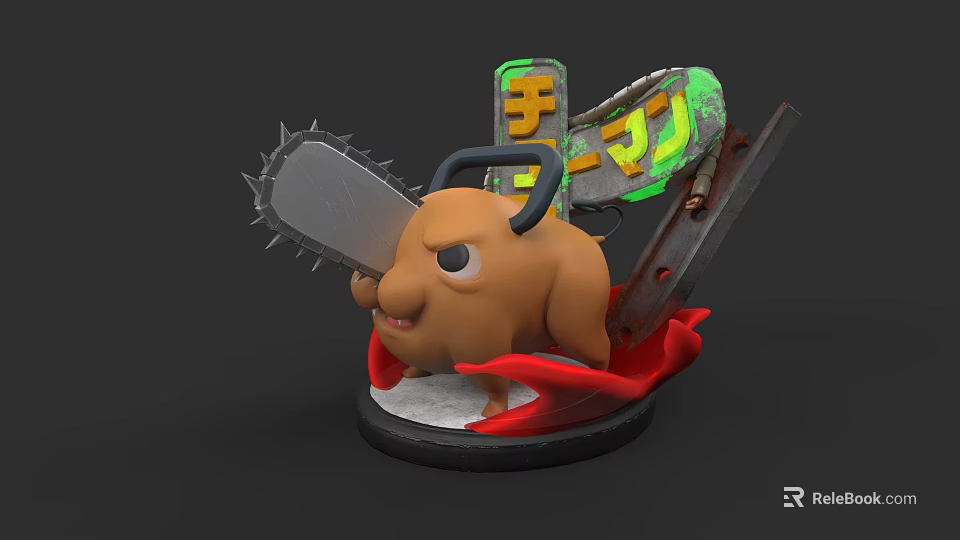 Cartoon Style Game and Movie Character With Chainsaw Red Cape and Green Sign 3d model 