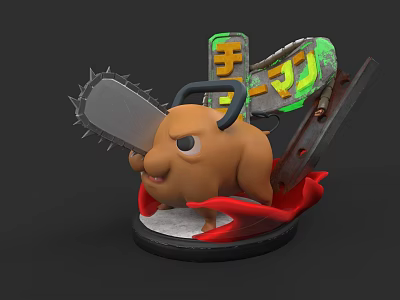 Cartoon Style Game and Movie Character With Chainsaw Red Cape and Green Sign 3d model