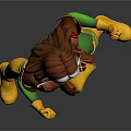 Dynamic Game Movie Character In Yellow Green Bodysuit With Brown Jacket Headpiece And Posing Stance