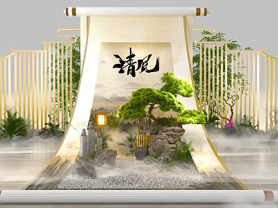 Chinese Style Floral Art Display With Scroll Pine Tree Rockery Lantern And Mist 3d model