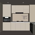 Modern White Kitchen Interior Design With Cabinets Built-in Oven Stove Range Hood And Hanging Utensils