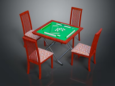 Red Wooden Gaming Table Set With Green Tabletop And Four Patterned Chairs 3d model
