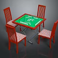 Red Wooden Gaming Table Set With Green Tabletop And Four Patterned Chairs 3d model