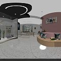 Shopping Mall Store Interior With Orange Walls Green Archways Decorative Lights And Wooden Display Stands