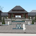 Traditional Chinese Courtyard Entrance Gate With Water Feature Stone Steps And Greenery