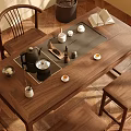 Wooden Tea Table and Chairs with Teapot Tea Cups and Tray on Wooden Floor