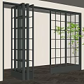 Black Frame Glass Folding Doors In Modern Interior With Wooden Floor And Green Plant