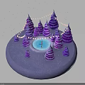 Purple Cone Shaped Trees With Central Blue Pool Illuminated Decorations And Snowflakes On Circular Platform