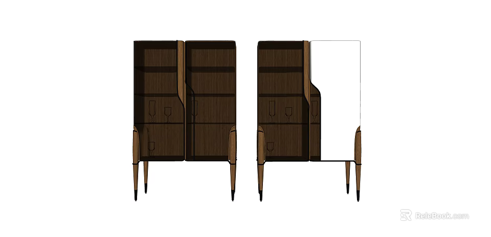 Dark Wooden Decorative Cabinet With Drawers Doors And Slender Legs 3d model 