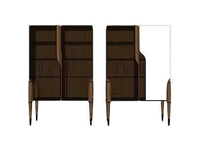 Dark Wooden Decorative Cabinet With Drawers Doors And Slender Legs 3d model