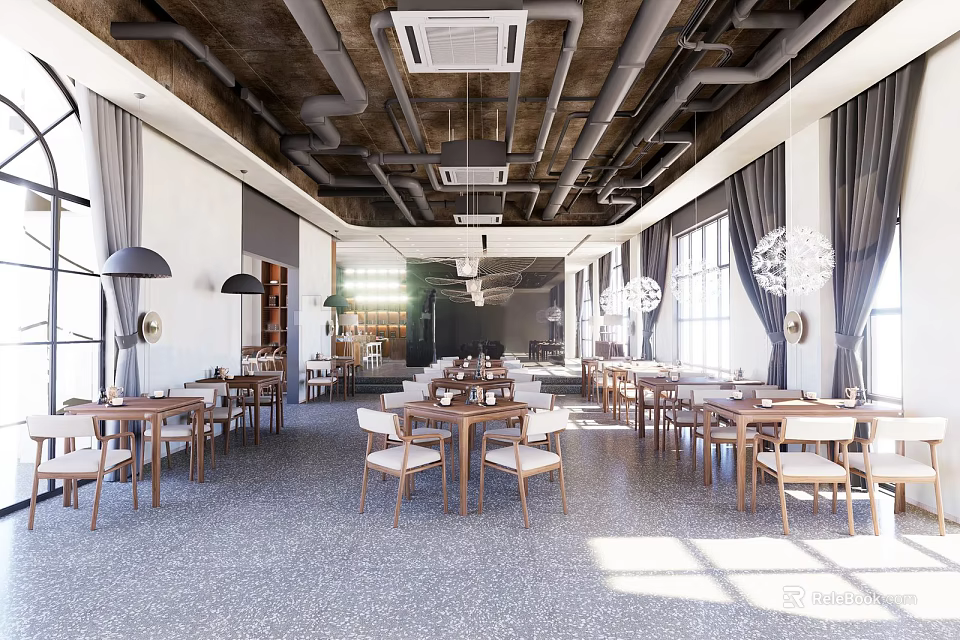 Spacious Bright Restaurant Interior With Wooden Tables Chairs High Ceilings Exposed Pipes Large Windows 3d model 