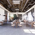Spacious Bright Restaurant Interior With Wooden Tables Chairs High Ceilings Exposed Pipes Large Windows
