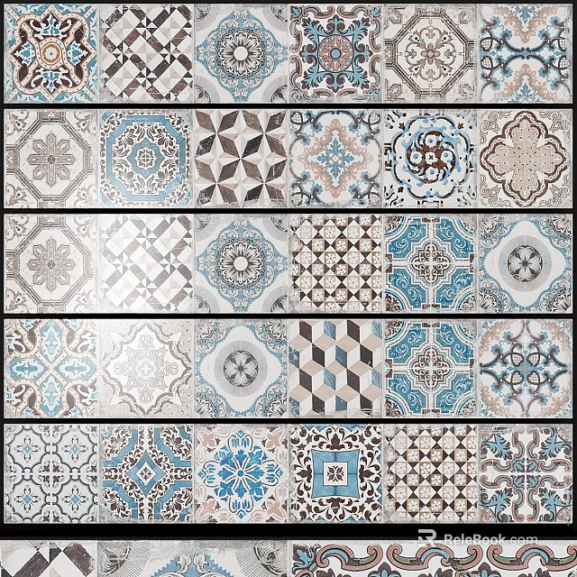 Decorative Tiles With Various Intricate Patterns And Colorful Designs 3d model