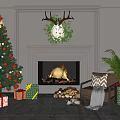 Christmas Fireplace with Burning Fire Deer Head Decoration Christmas Tree Gifts and Sofa