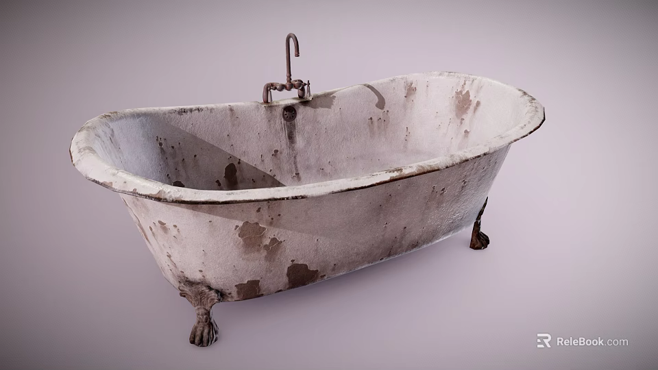 Isolated Vintage Bathtub With Peeling White Paint Brass Feet Old Faucet 3d model 