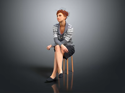 Woman Sitting On Wooden Chair Wearing Gray Sweater And Black Skirt With Hat 3d model