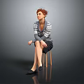 Woman Sitting On Wooden Chair Wearing Gray Sweater And Black Skirt With Hat