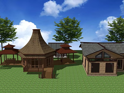 Traditional Style Detached Villa with Pavilions Trees Green Grass Blue Sky and White Clouds 3d model