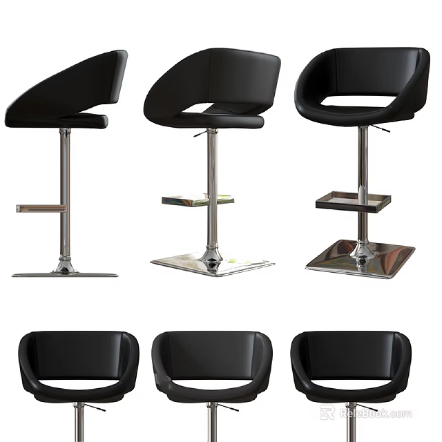 Modern Black Leather Bar Stools With Adjustable Metal Base And Footrest 3d model 