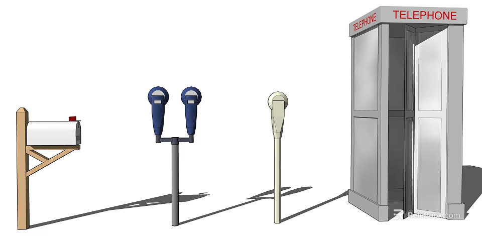 Outdoor Public Facilities With Blue Beige Parking Meters And Telephone Booth 3d model 