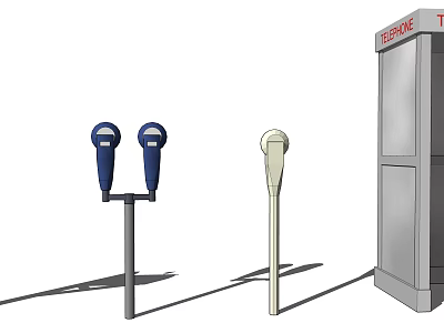 Outdoor Public Facilities With Blue Beige Parking Meters And Telephone Booth 3d model