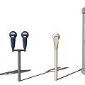 Outdoor Public Facilities With Blue Beige Parking Meters And Telephone Booth
