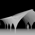 Modern Wooden Pergola With Curved Slats Supporting Columns Person Standing Under Grassland Trees Blue Sky