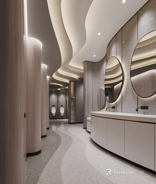 Modern Public Restroom Interior With Curved Ceiling Round Mirrors And Vanity 3d model