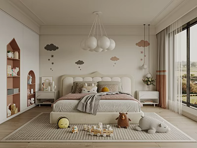 Kids Room Interior Featuring Cloud Star Decor White Pendant Lights Arched Bookshelves And Plush Toys 3d model