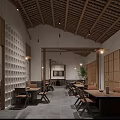 Traditional Restaurant Interior With Wooden Lattice Ceiling And Cozy Dining Area Tables Chairs Hanging Lights