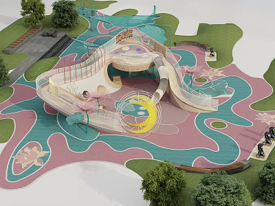 Colorful Kids Play Area with Slide Moon Decoration Pathway Trees and Seats 3d model