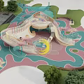 Colorful Kids Play Area with Slide Moon Decoration Pathway Trees and Seats
