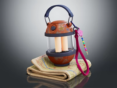Decorative Wooden Lantern Furniture With Two Candles Folded Fabric Base Pink Lanyard And Colorful Beads 3d model