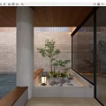 Indoor Landscape with Wooden Ceiling Concrete Column Stone Wall Pond Trees Rocks Lantern and Bench