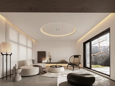Modern Living Room With Round Coffee Table Sofa Floor Lamp And Natural Light Through Windows 3d model