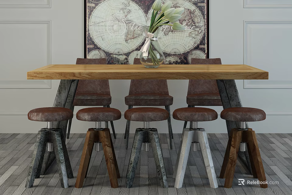 Vintage Industrial Wooden Dining Table Set With Chairs Stools And Decorative Map Art 3d model 