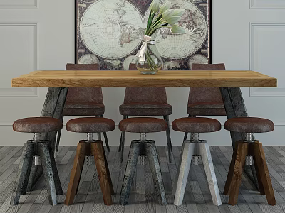 Vintage Industrial Wooden Dining Table Set With Chairs Stools And Decorative Map Art 3d model