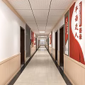 Elevator Corridor Interior With Circular Wall Decor Red Accents And Tile Flooring 3d model