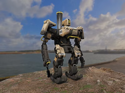 Intelligent Machine with Mechanical Legs Stands on Rocky Shore Near Water Under Cloudy Sky 3d model