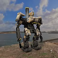 Intelligent Machine with Mechanical Legs Stands on Rocky Shore Near Water Under Cloudy Sky