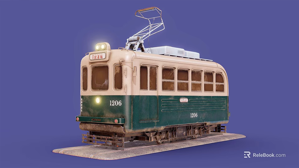 Vintage Green And White Tram With Number 1206 Headlights On And Pantograph 3d model 